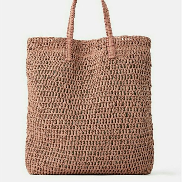 Zara Handbags - NWT Rare Zara Woven BRAID Paper Tote Summer Bag Pale Pink